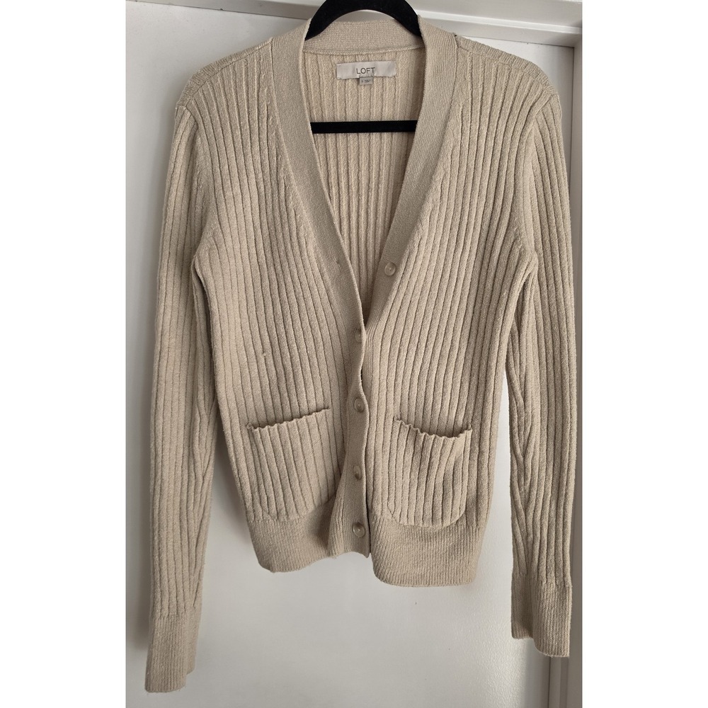 LOFT Cardigan Women S Beige Ribbed Collared Long Sleeve Sweater Knit Wrap